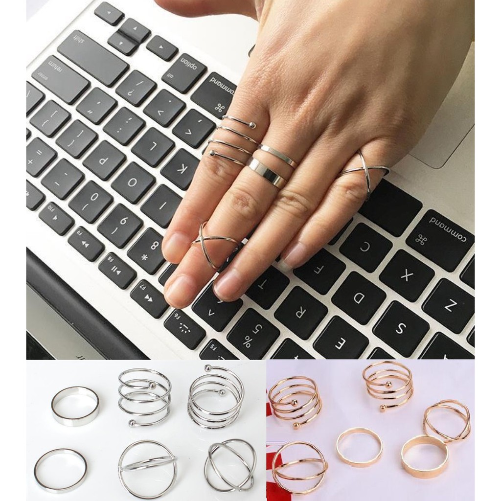 Cincin Emas / Perak J08 Wanita 6 Pc Set Korea Fashion Aksesoris Perhiasan Wanita Women Ring Alloy