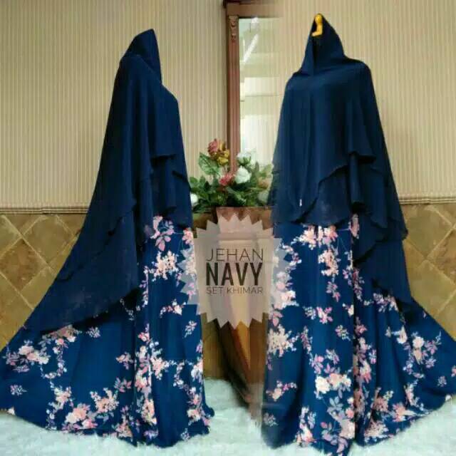 GAMIS SUPER JUMBO 5L JEHAN NAVY set khimar syari