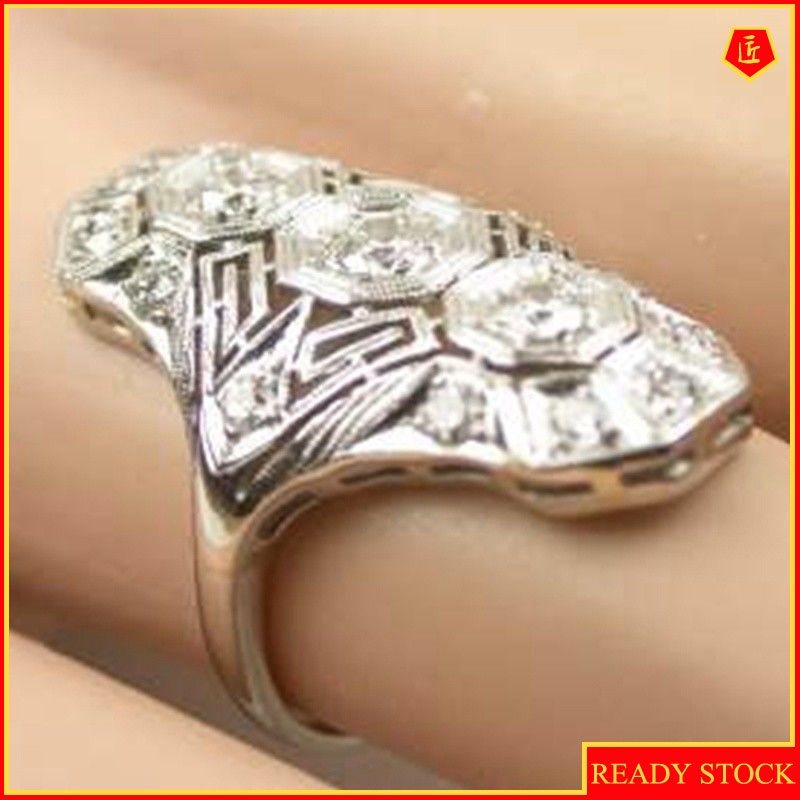 [Ready Stock]Exaggerated Inlaid Topaz Zircon Ring Hollow Jeweled Punk