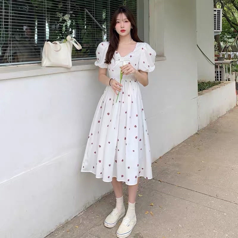 BKY - Korean Midi Dress Puff Sleeves Heart Shaped Neckline - TaeRi