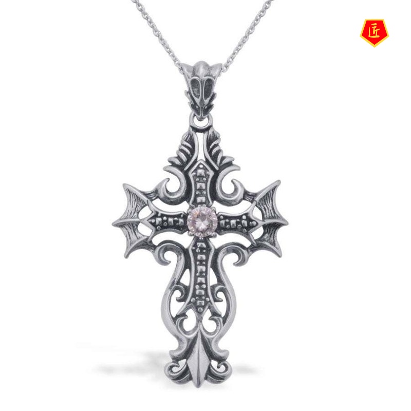 [Ready Stock]Creative Retro S925 Silver Black Cross Pendant Jesus Christ Diamond-Studded Necklace