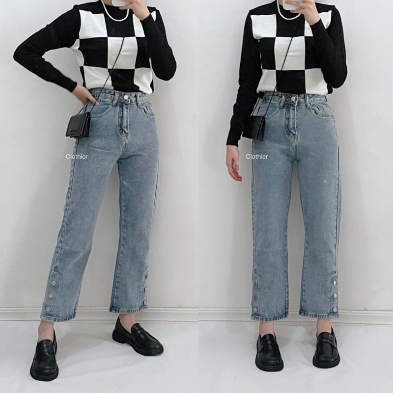 CLOTHIER - Lou Mom Jeans | Button Straight Blue Denim