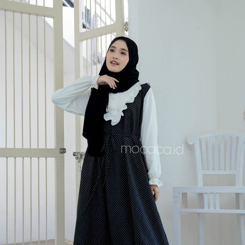 dress premiun bahan crincle polka kecil elegan putih hitam hijau olive dusty pink gamis tali ootd hijab terbaru bisa cod renda dindada busui dan wudhy friendly