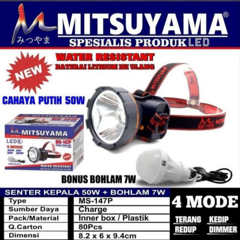 COD Senter Kepala LED 50Watt MITSUYAMA MS-147P Plus bohlam DC Cahaya Putih Headlamp 50W Dimmer Cahaya Putih