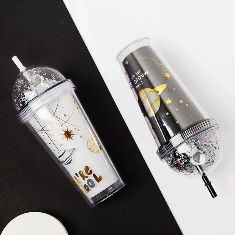 MILIKI SEGERA Tumbler Bubble Astronot / Gelas Minum Dengan Sedotan BPA FREE Glitter Tumbler Cups Blink Gelas Botol Minum Air Sedotan 450ml Gelas Minum Lucu