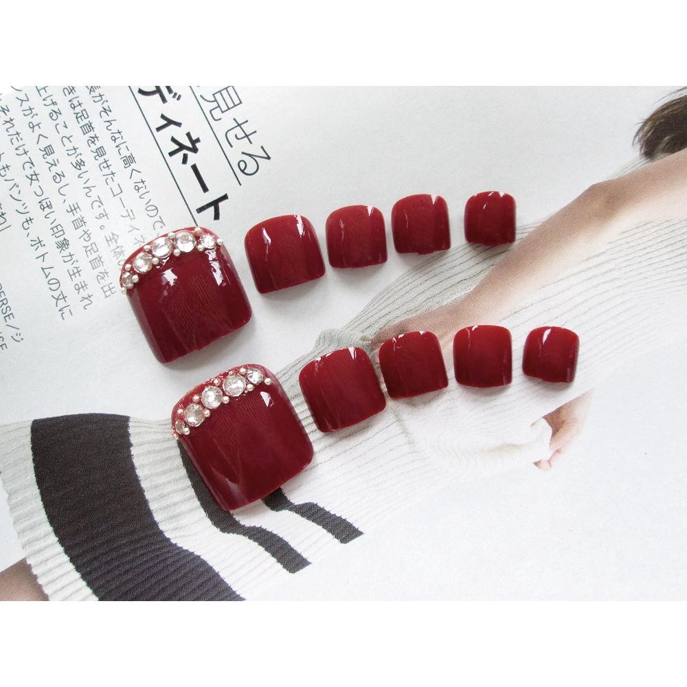 Divine Kuku Palsu 24pcs/Set Toes Fake Nails Rhinestone Red kuku palsu untuk kaki J51