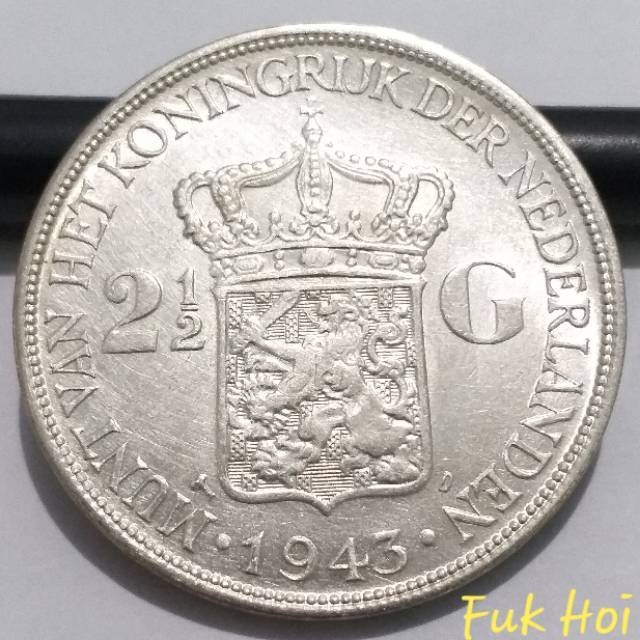 SWILH2.5G-4.. 1 PC KOIN PERAK KUNO ASLI 2.5 GULDEN WILHELMINA TH 1943. -- SILVER COIN --