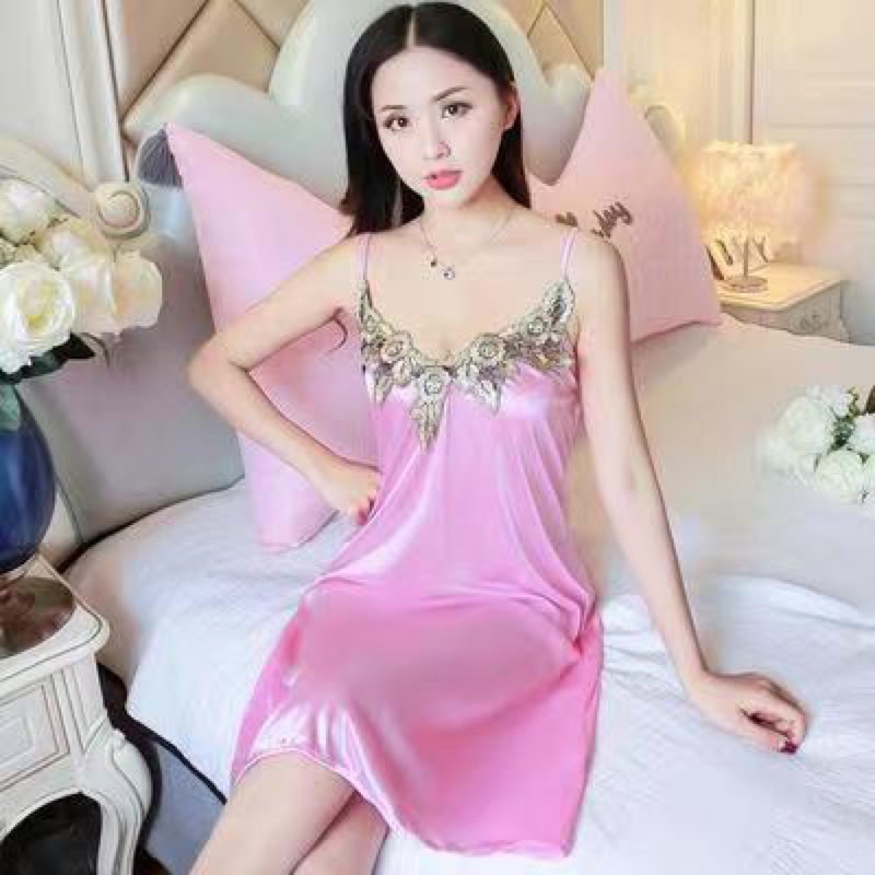 Lingerie Dress Baju Tidur Wanita Sexy Motif Bordir Bunga Bahan Satin Import