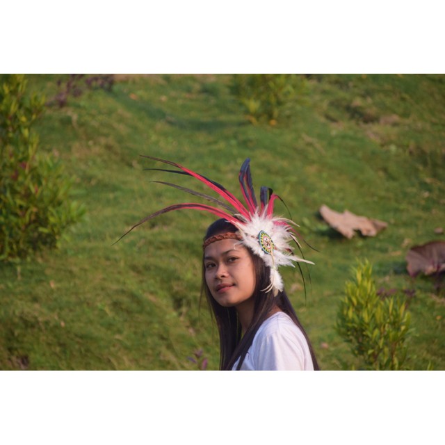 TOPI INDIAN - INDIAN HEADDRESS BANDO BULU AYAM ORANGE DAN MERAH