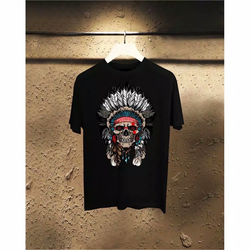BAJU KAOS TENGKORAK T SHIRT DISTRO PRIA WANITA GAMBAR INDIAN DAYAK APACHE TENGKORAK SKULL MURAH PRIA