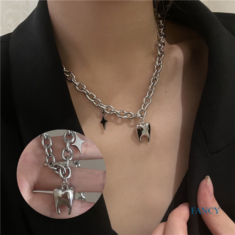 Kalung Rantai Klavikula Liontin Gigi Bahan Stainless Steel Titanium Tebal Gaya Hip Hop Untuk Unisex