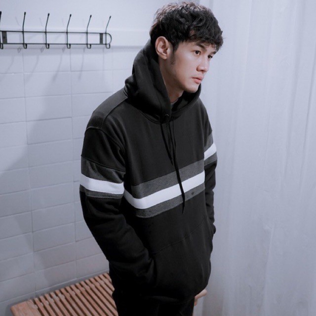 Sweater Hoodie Polos Hitam Kombinasi Abu Putih Sweater Pria Salviohexia