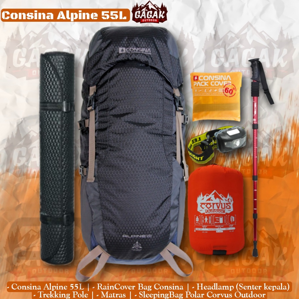 paket hemat alat pendakian gunung carrier consina alpine 55l paket hemat alat pendaki gunung paket l