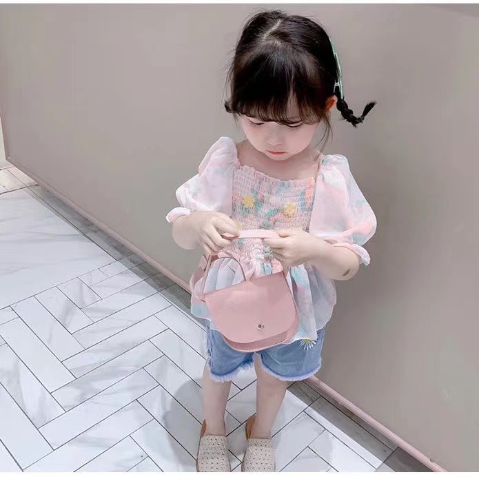 Kaos Chiffon Bunga Pink/Biru Anak Perempuan Korea Fashion Lengan Pendek