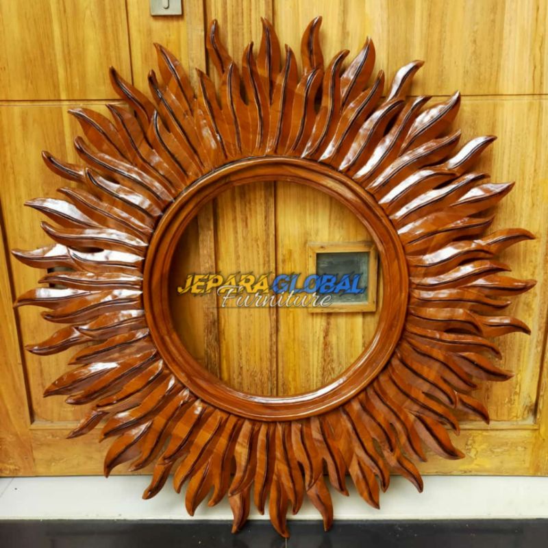 Figura Cermin Ukir Jati matahari doble (figura kaca,kaca cermin,figura murah,kaca dinding )