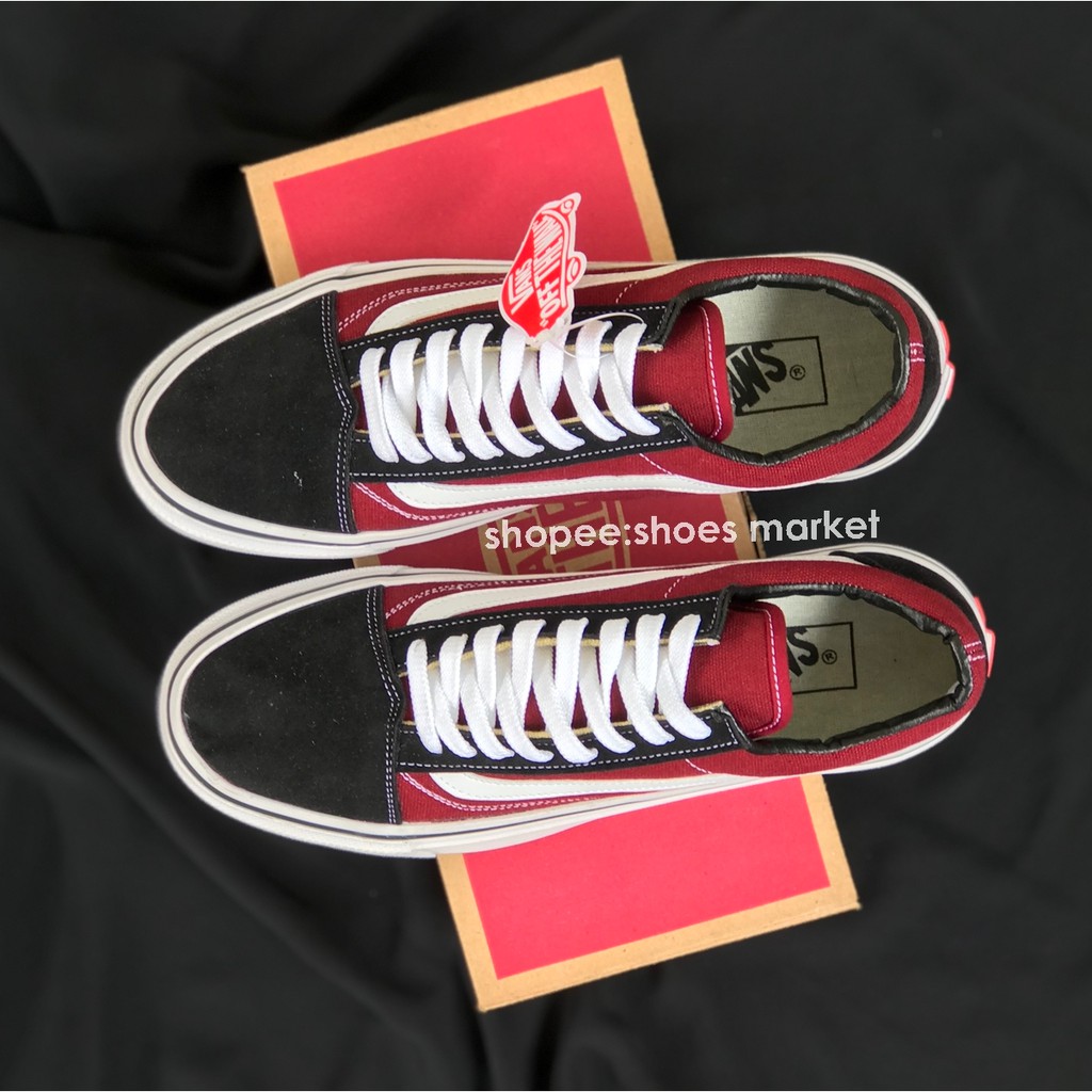 VANS OLDSKOOL BLACK MAROON LIST PUTIH WAFFLE DT