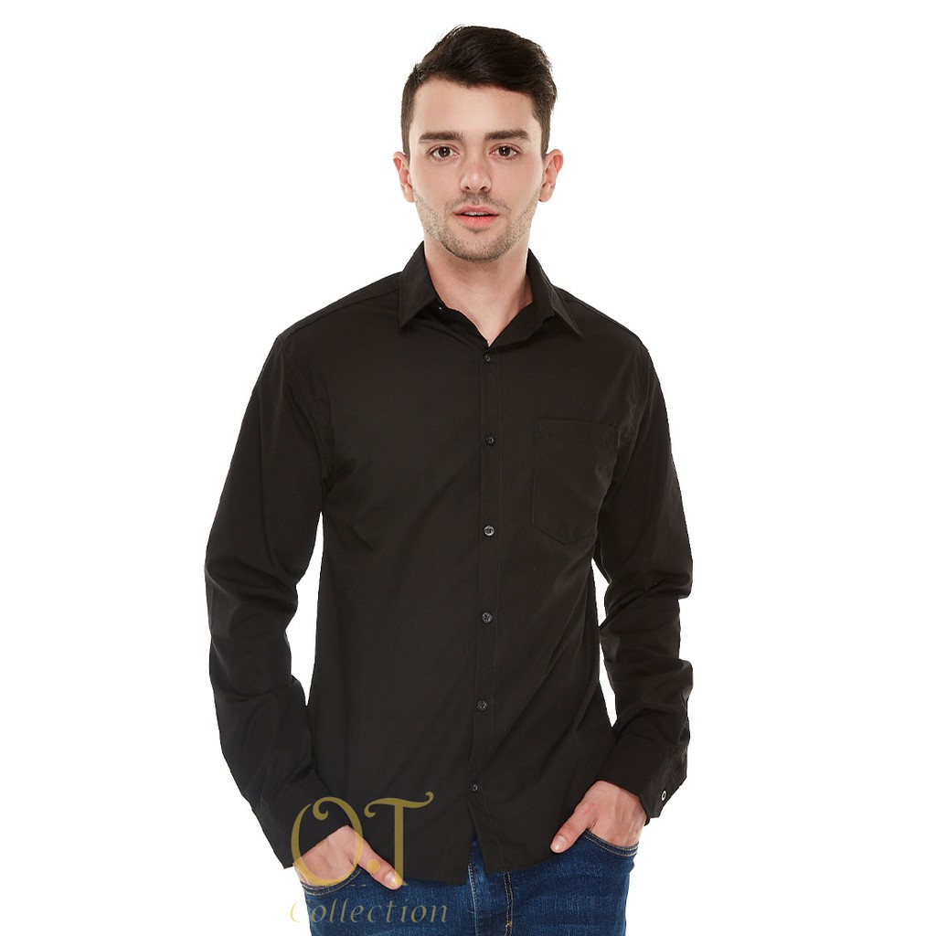 BAJU ATASAN KEMEJA PRIA WARNA BLACK HITAM BAHAN POLYESTER TEBAL DINGIN STYLE OFFICE GOOD QUALITY