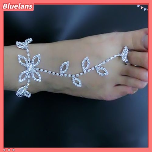 [Bayar Di Tempat]Gelang Cincin Sambung Untuk Kaki Dengan Kristal Berlian Imitasi Motif Daun