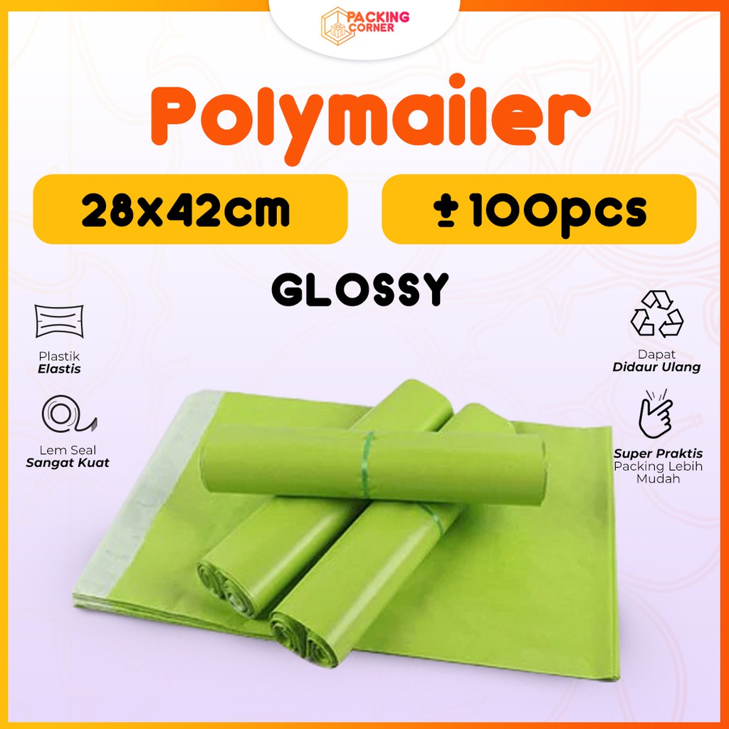 

Polymailer Warna Hijau Muda 28x42 isi 100 pcs Tebal Glossy MURAH