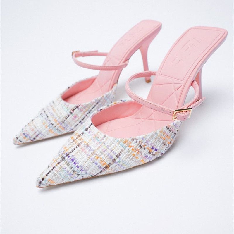 Rys - Plaid Sling Sepatu Mules Wanita Fashion Casual / Kantoran - Ori Import Zs384 Zara Pink Tweed M