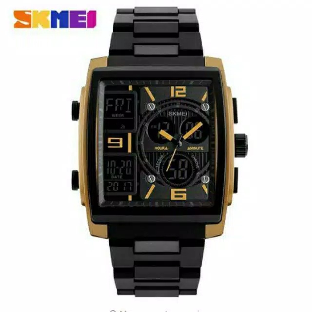 ORIGINAL Jam Tangan Pria SKMEI Dual Time Tali Rantai Water Resistance + Kotak