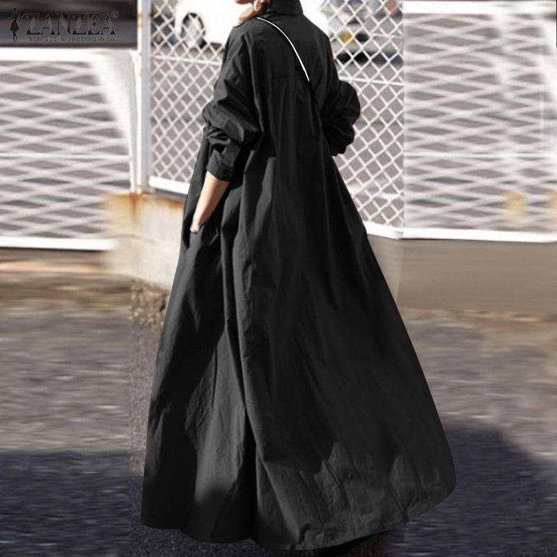 ZANZEA Women Casual Full Sleeve Retro Side Pockets Solid Long Dress