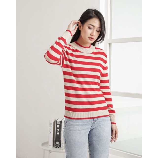 Sweater Stripes Cotton Knit Top Long Sleeve- Sweater Rajut Lengan Panjang- Atasan Rajut Wanita (304)