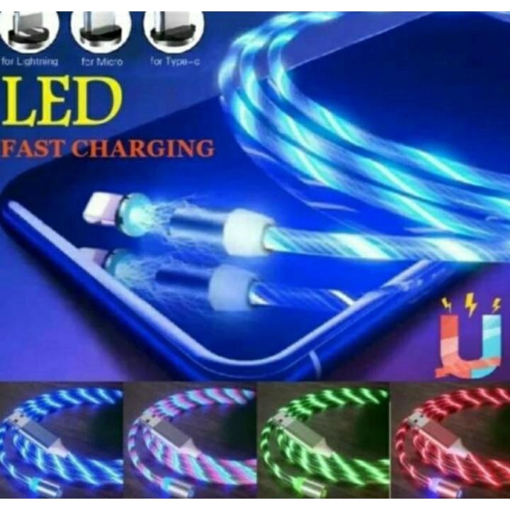 Kabel Data Charger Magnet Full LED 3in1 iPhone Micro Type C Support 2A