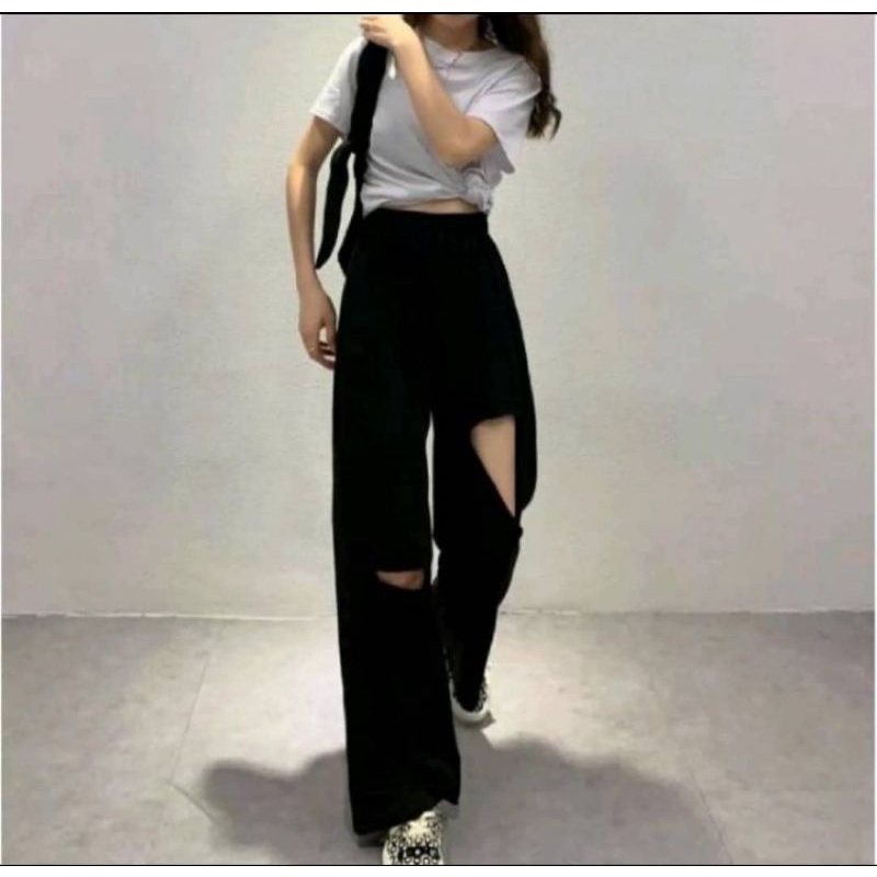 Kulot jeans sobek hitam