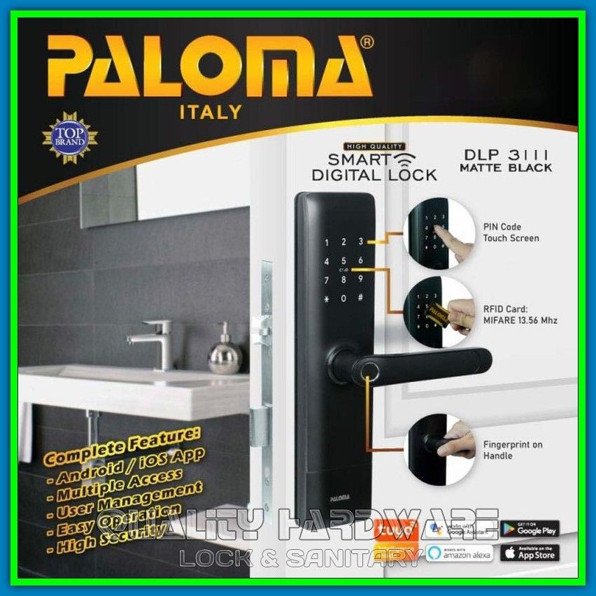 Kunci Pintu Digital Paloma QHDLP 3111 Smart Digital Wifi FingerPrint Hitam Handle Password Kunci