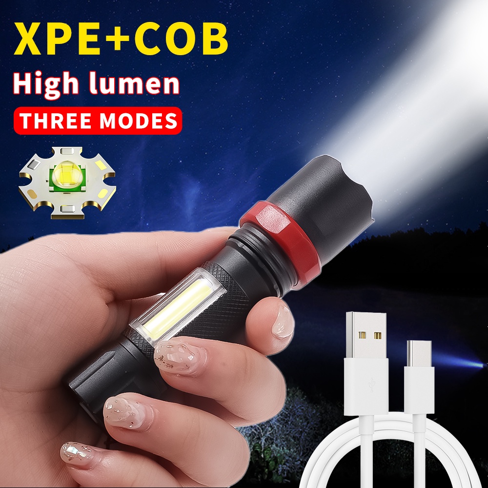 Lampu Senter COB Portable Super Terang Jarak Jauh Adjustable USB Rechargeable Untuk Hiking / Camping