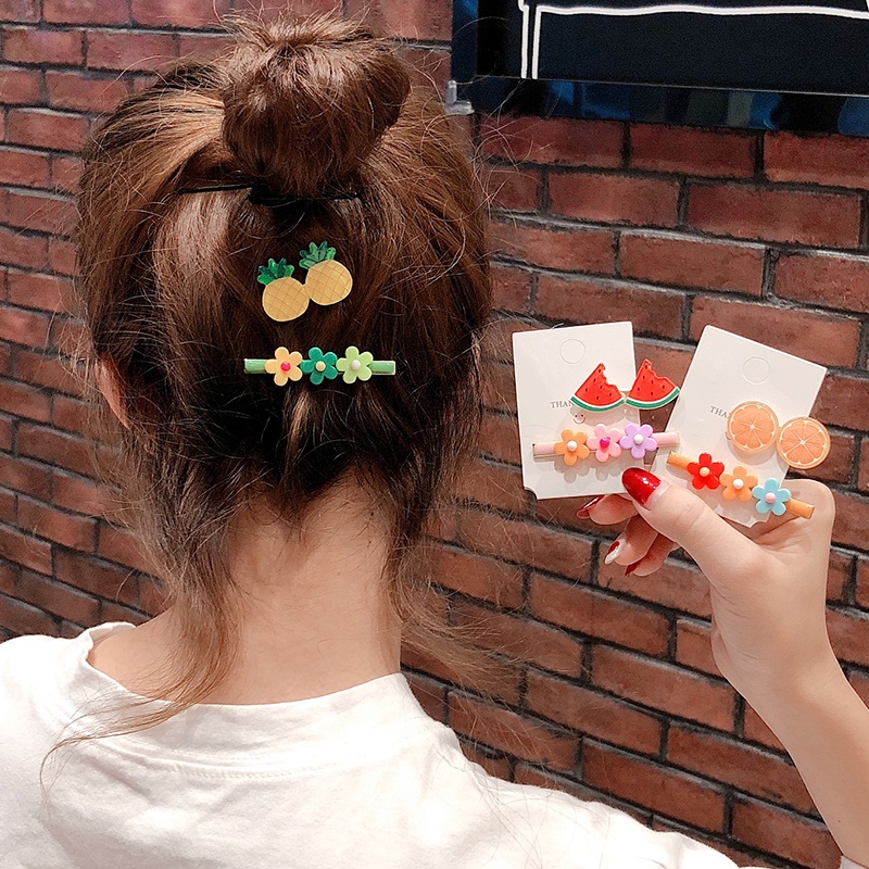 2pcs Jepit Rambut Bentuk Bunga Dan Buah Warna Permen Gaya Korea Untuk Anak Perempuan