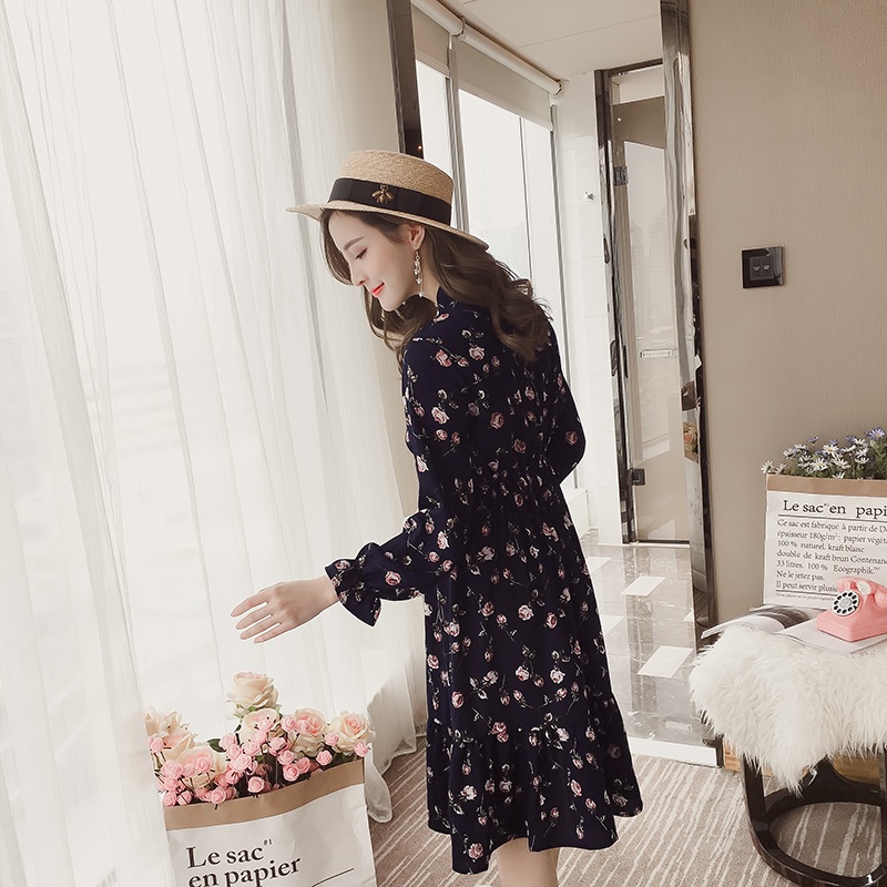 COD 2022 New Fashion Summer Merah Biru Tua Merah Wanita Midi Dress Korea Lengan Panjang Muslimah Motif Bunga Panjang Gaun