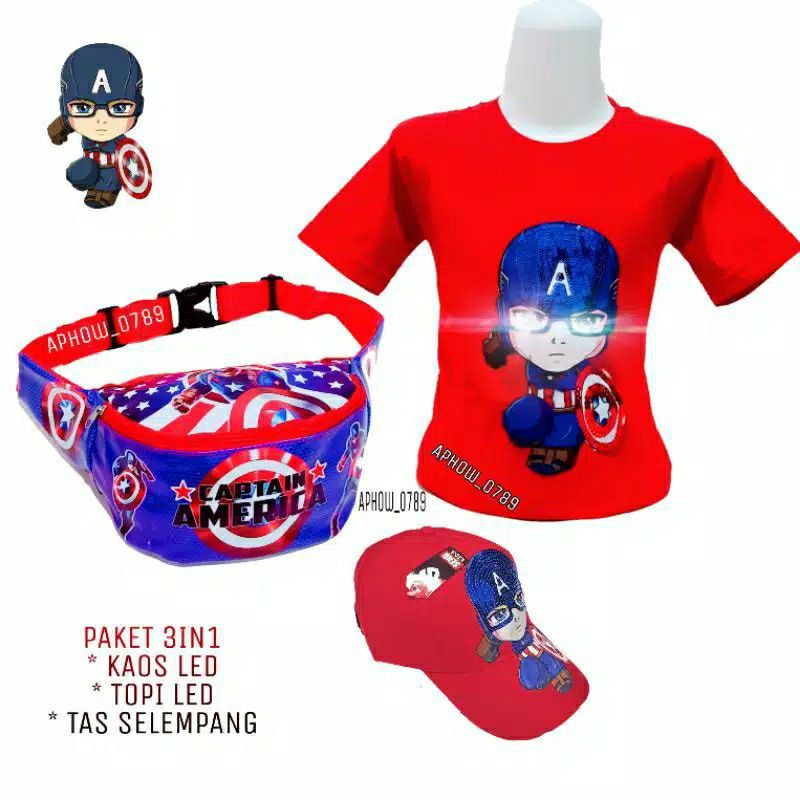 paket hemat 3in1 1-10tahun kaos anak led/waistbag/topi led nyala