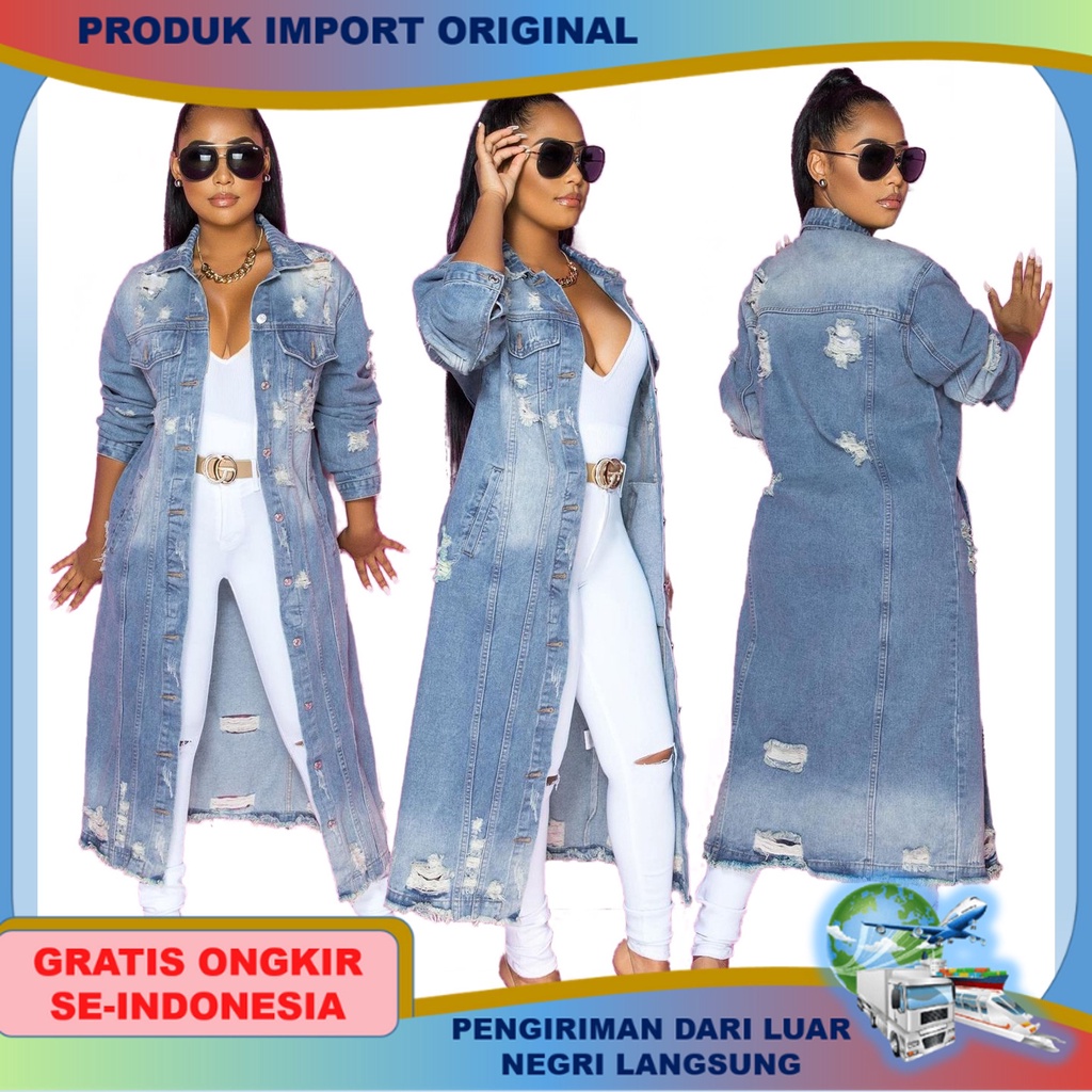 jubah wanita levis Eropa dan Amerika Fashion perempuan Pakaian Robek Lengan Panjang Denim Trench Coa