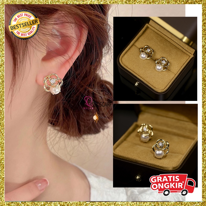 ANTING TITANIUM KOREA PEREMPUAN DEWASA MOTIF BUNGA KECIL MUTIARA PEARL AKSESORIS GIWANG ANT85