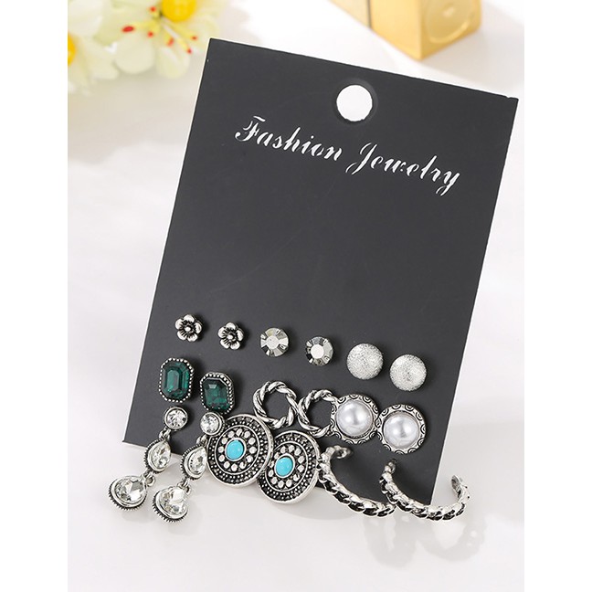 LRC Anting Set Fashion Silver Geometric Stud Earring Set With Diamonds And Turquoise Flowers D73678