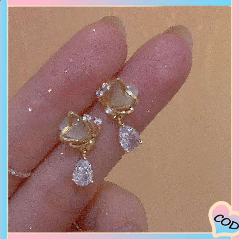 COD❤️ Opal Butterfly Love Water Drop Zircon Earrings Desain Niche Wanita Anting Temperamen Kelas Atas-A.one