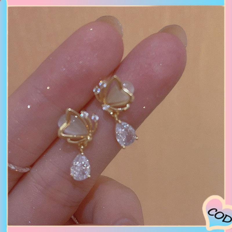 COD❤️ Opal Butterfly Love Water Drop Zircon Stud Earrings Desain Niche Wanita Temperamen Kelas Atas-A.one