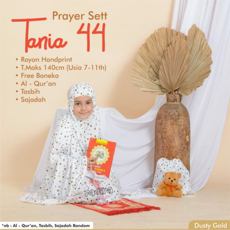 PRAYER SET MUKENA TANIA//SATU SET MUKENA ANAK RAYON HANDPRINT FREE BONEKA FREE  ALQURAN, TASBI, DAN 