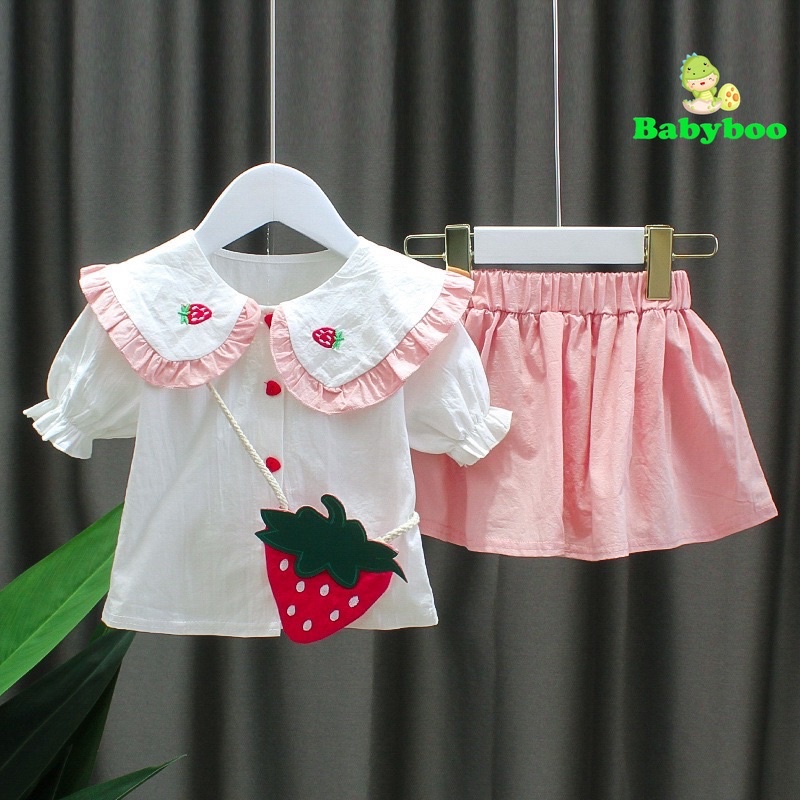 (1-3 Tahun) Setelan Rok Anak Perempuan/ Setelan Lucu Tas Strawberry / Setelan Anak Korean Style/ Setelan Anak Perempuan