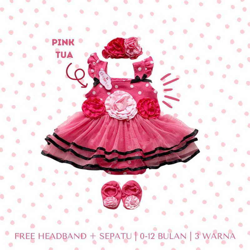 SETELAN BAJU ROMPER BAYI PEREMPUAN 0-12 BULAN / SET JUMPER ROK TUTU FREE BANDO JILL POLKADOT / SETELAN BAJU BAYI CEWEK LUCU / DRESS TUTU FLOWER BAYI /JUMPER TUTU BAYI FREE SEPATU BANDO