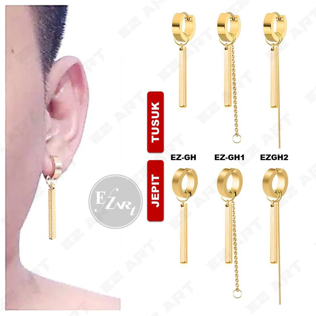 1Pc Model EZ-GH Gold Emas Stick Persegi Anting Fashion Pria dan Wanita Jepit Tusuk Variasi Bandul