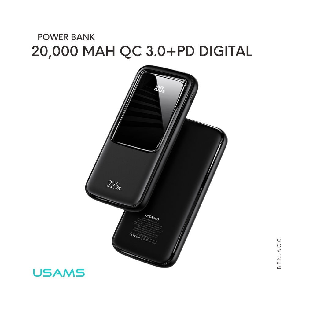 USAMS US-CD177 Power Bank 20000mAh Hitam dengan Dual QC Plus PD dan Layar Digital