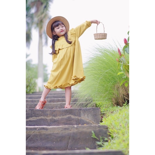 Yobebee Ruffle Korean Dress Anak Perempuan Usia 1 2 3 4 5 Tahun Baju Bayi Korea Gaun Babydoll Daster Kids Basic Polos Warna Pastel Katun Lembut Model Baju Casual Harian Main Santai Anak Cewek