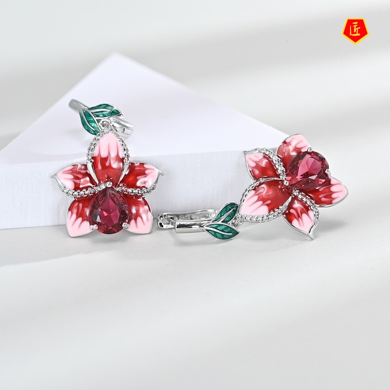 [Ready Stock]Ruby Pink Earring Ring Necklace Set for Women