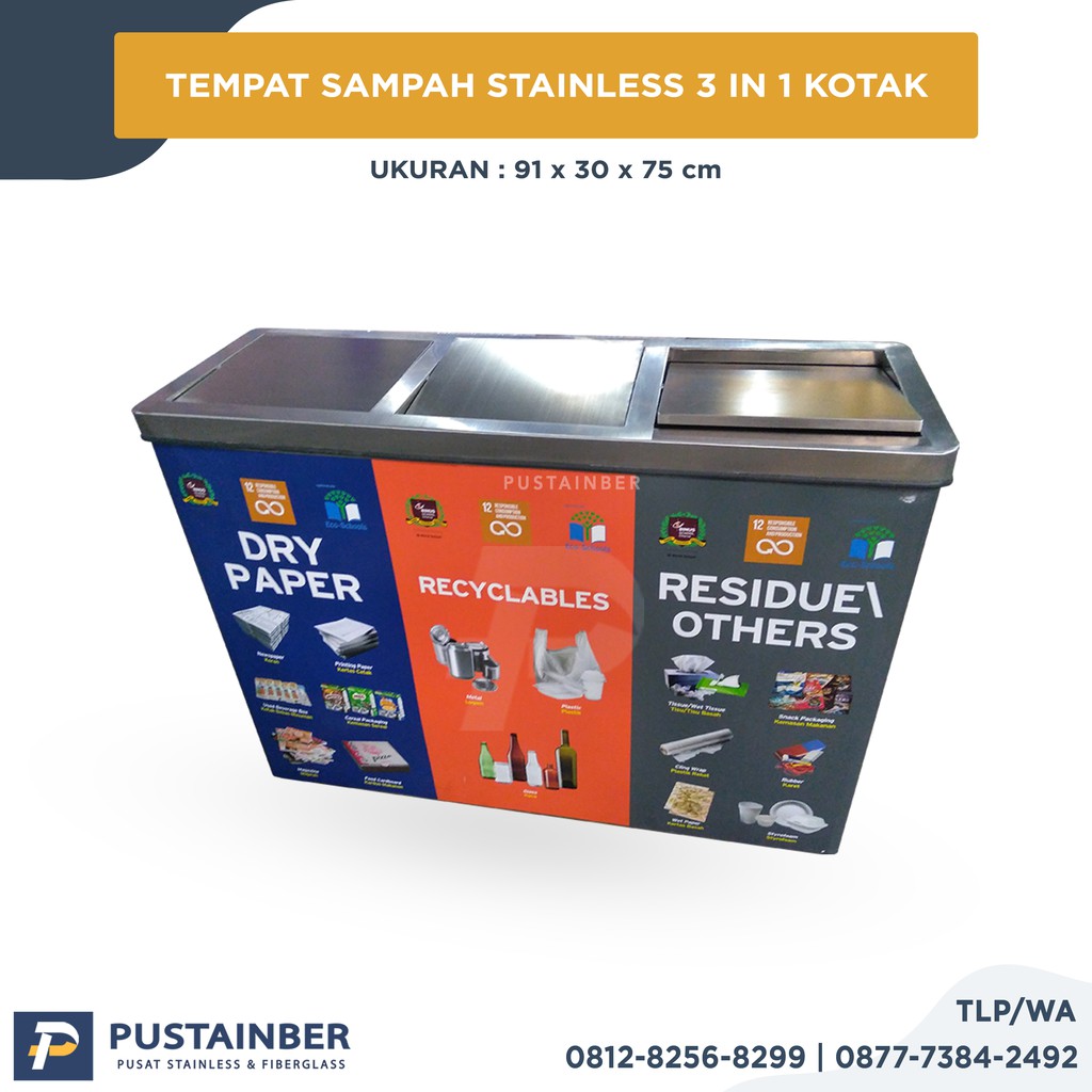 Jual Tempat Sampah Stainless Kotak 3 In 1 Gabungtong Sampah 3 Jenis3 Gandeng3 Pilah3 Warna 0238