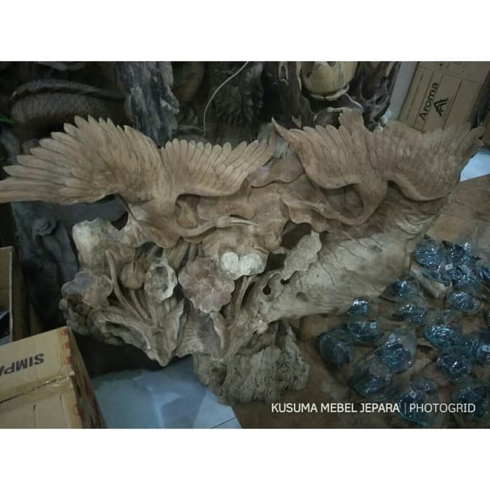 Patung Relief Burung Bangau Bonggol Kayu Jati (Panjang 120cm)