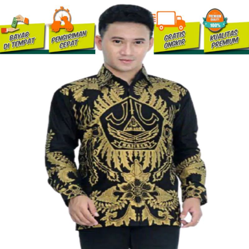 Pakaian Baju Batik Lengan Panjang Atasan Kemeja Pria Xl Kemeja Santri Banser Nu Hitam Emas cod