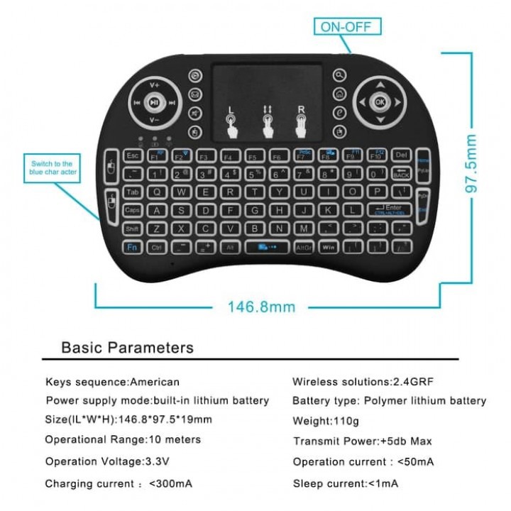 i8 - Mini Wireless Keyboard and Touchpad with NO BACKLIGHT Color